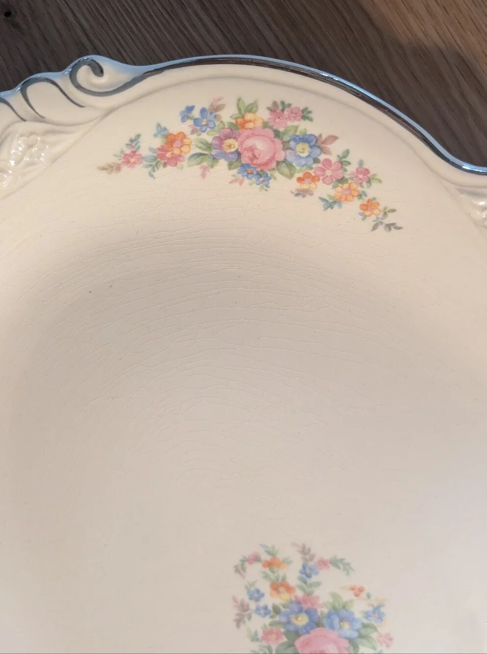 VTG Homer Laughlin 1933 Porcelain Serving Platter Pastel Floral and Silver